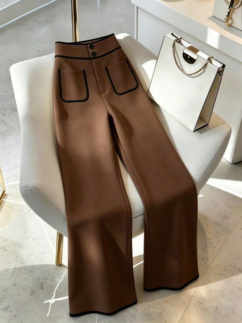 Coffee Brown Casual Women's Wide Leg Suit Pants with Button Waist, Patch Pockets - Picture 4 of 4